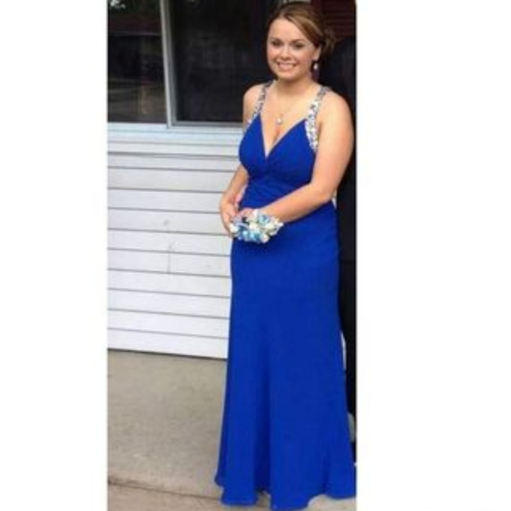 Faviana Royal Blue Bejeweled Sparkly Fitted Prom Dress Size 8